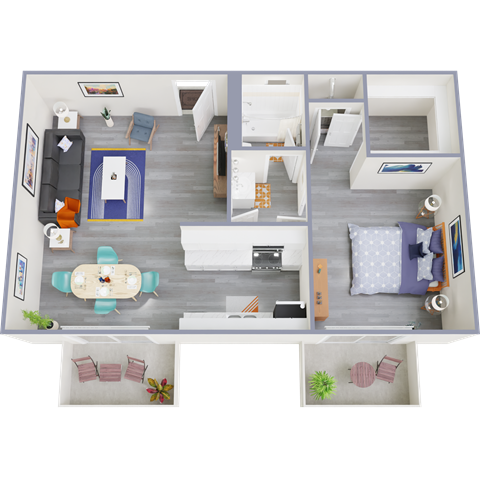 a 3d rendering of our 1 bedroom apartment at princeton court apartments in dallas